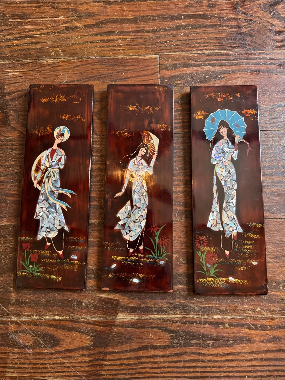 1970 Vintage Vietnamese Lacquer Mother of Pearl Wall Art Panels - Set of 3